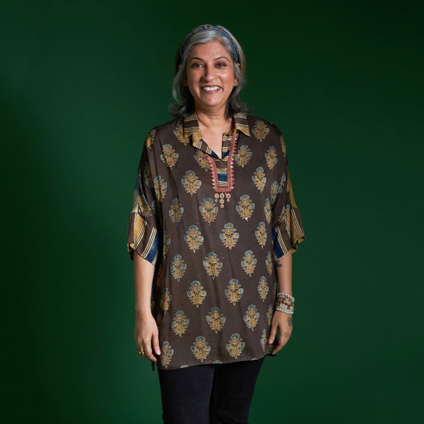 Yoko Oversize Shirt - Coffee Ajrakh Modal Satin with Marodi embroidery