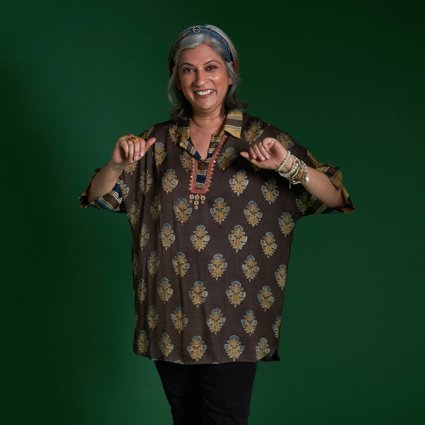 Yoko Oversize Shirt - Coffee Ajrakh Modal Satin with Marodi embroidery