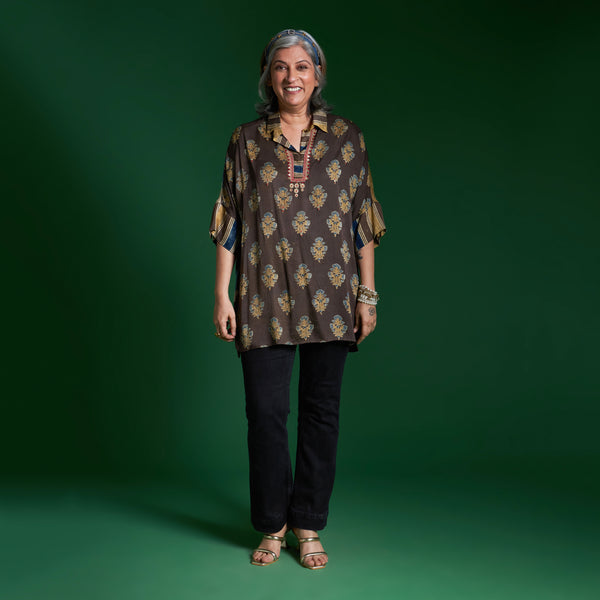 Yoko Oversize Shirt - Coffee Ajrakh Modal Satin with Marodi embroidery