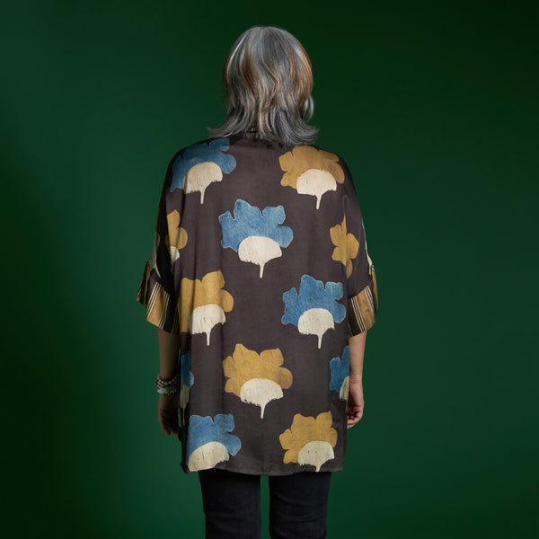 Yoko Oversize Shirt - Coffee Ajrakh Modal Satin with Marodi embroidery