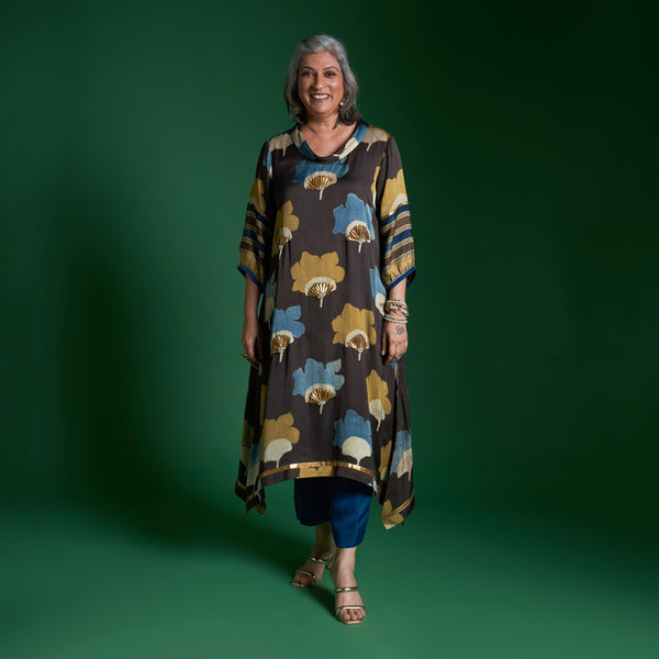 AVIRA Cowl Neck Tunic Set - Coffee Ajrakh Modal Satin