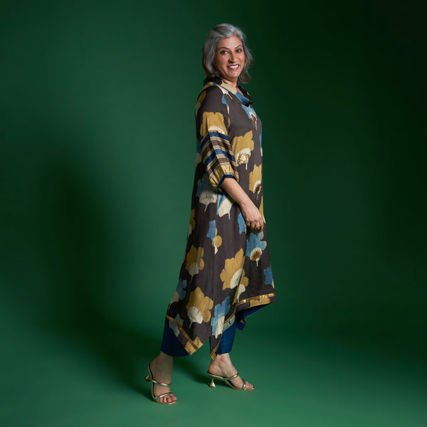 AVIRA Cowl Neck Tunic Set - Coffee Ajrakh Modal Satin