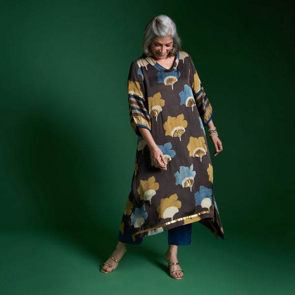AVIRA Cowl Neck Tunic Set - Coffee Ajrakh Modal Satin