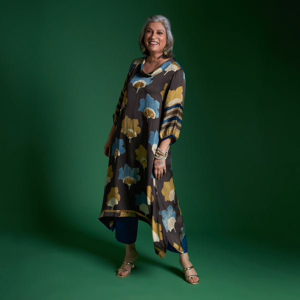 AVIRA Cowl Neck Tunic Set - Coffee Ajrakh Modal Satin