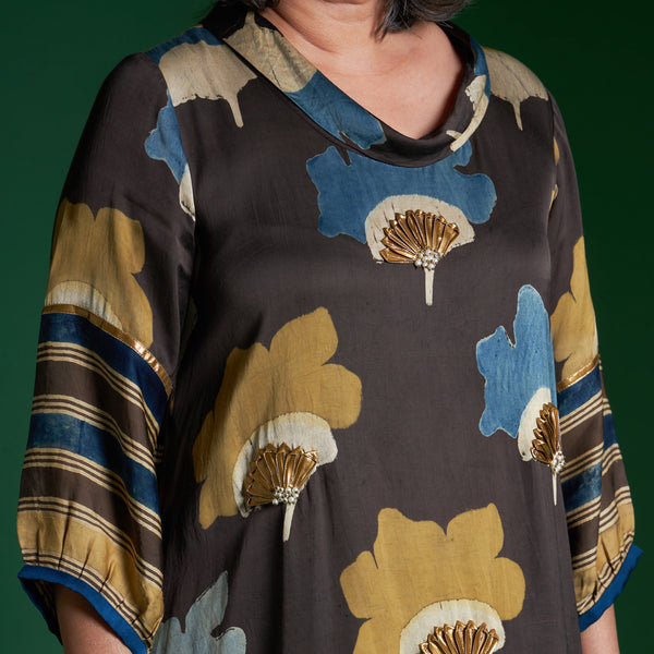 AVIRA Cowl Neck Tunic Set - Coffee Ajrakh Modal Satin