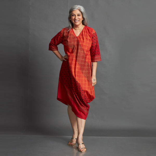 TASHI Cowl Dress - Red Orange Print (LAST PIECES)