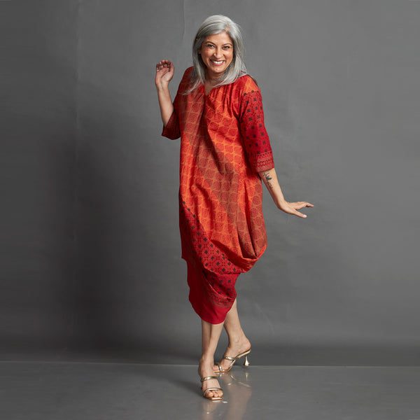 TASHI Cowl Dress - Red Orange Print (SALE)