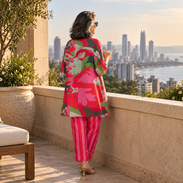 ISHA tunic Set - Candy Pink Printed Cotton Silk