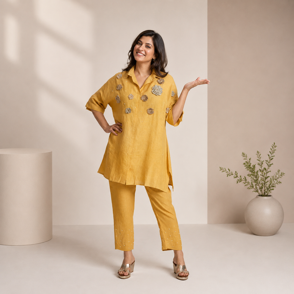 ISHA Set with GOTA Flowers - Mango Yellow