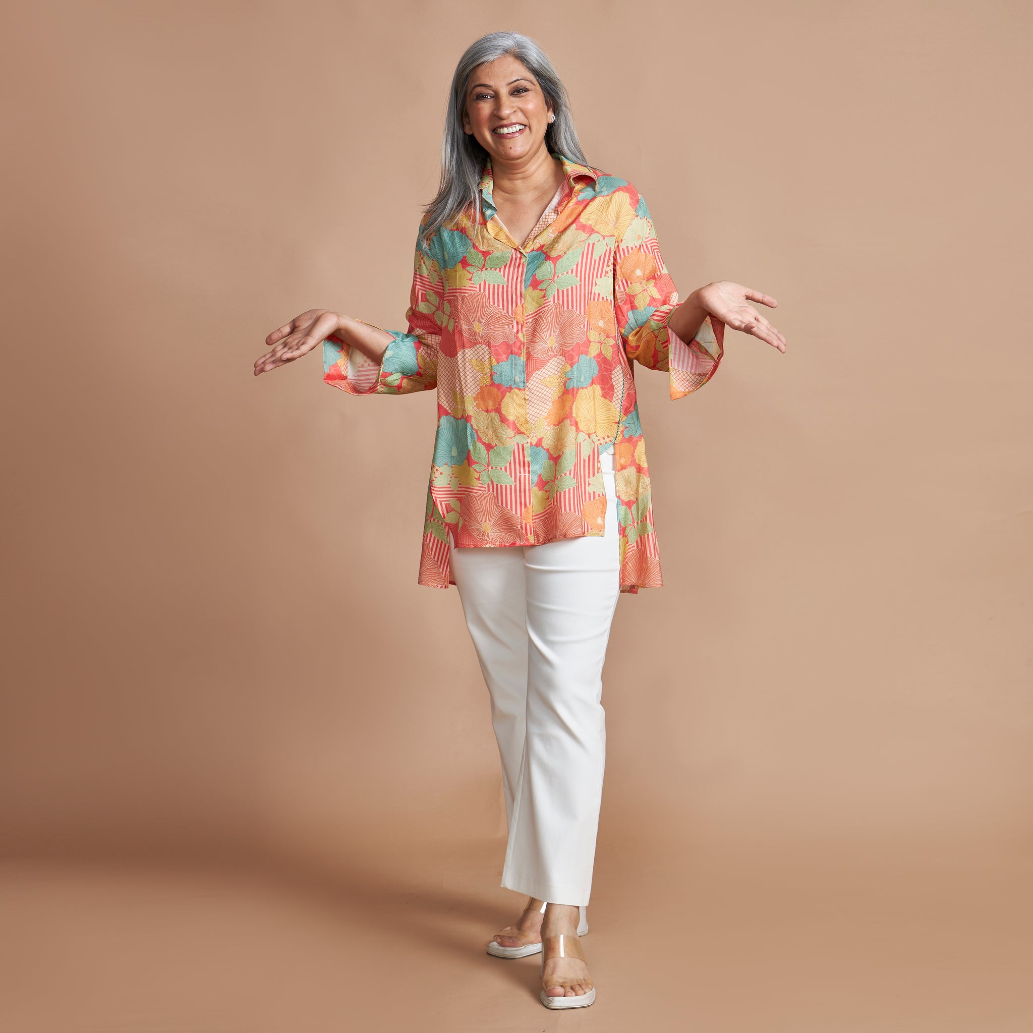 VEDA Asymmetric Shirt - Peach Print (PROMO)