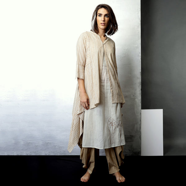 Contemporary Sustainable Fashion from Indian designer wear label O Layla. Ameya  jacket is an Aymmetric 3 piece set. Handloom textiles.