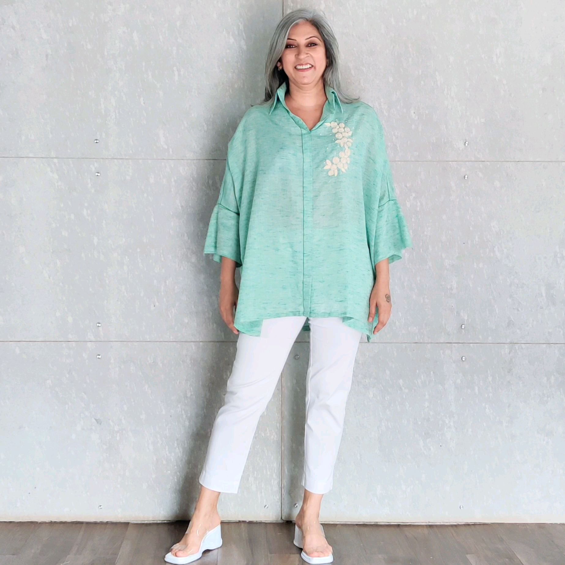 Gin Oversize Shirt - Green with embroidery