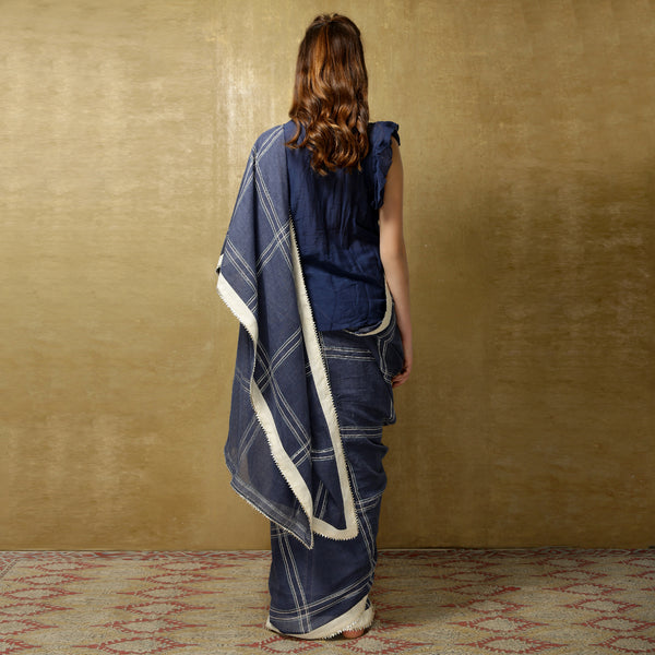 Lightweight denim checks handloom sari from O Layla's Samsara collection