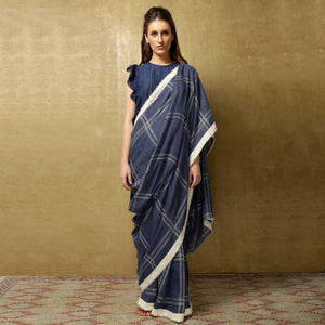 Lightweight denim checks handloom sari from O Layla's Samsara collection