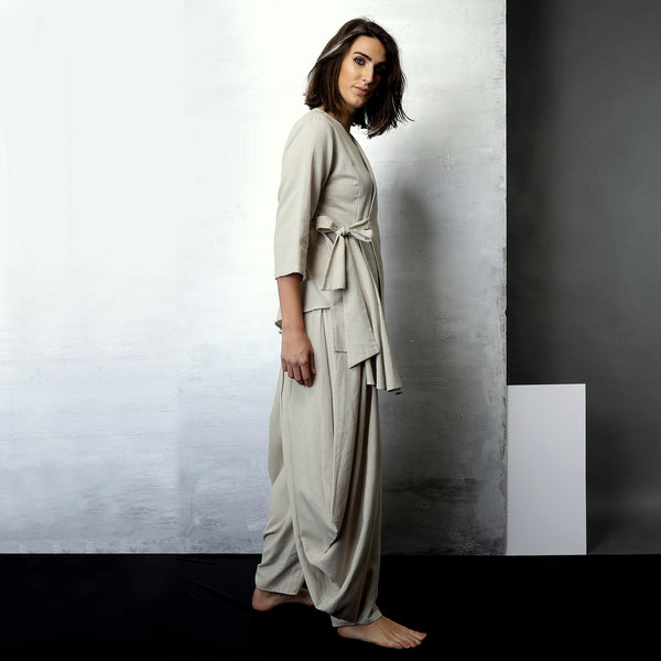 Contemporary Sustainable Fashion from Indian designer wear label O Layla. Mima jacket top with Goro dhoti pant. Handloom textiles.