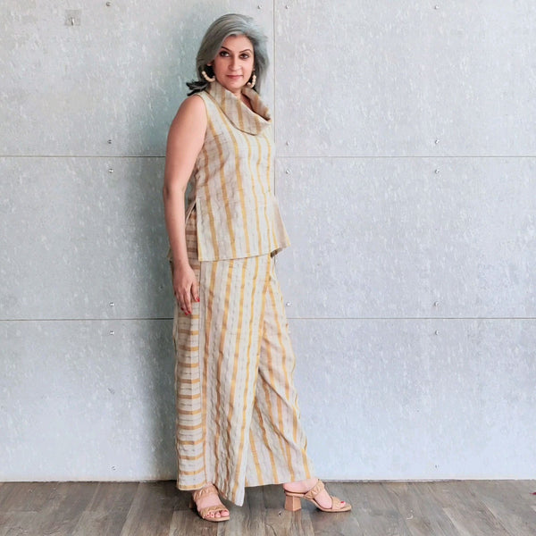 Rei Cowl Neck Top with Chika Overlap Pants - Gold Stripes