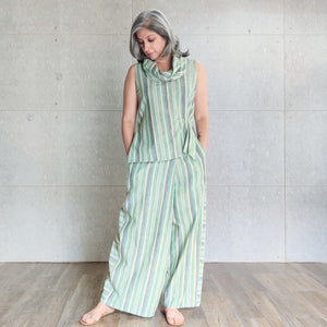 Rei Cowl Neck Top with Chika Overlap Pants - Green Stripes