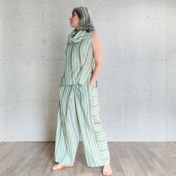 Rei Cowl Neck Top with Chika Overlap Pants - Green Stripes