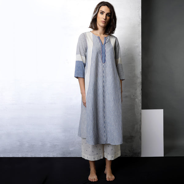 Contemporary Sustainable Fashion from Indian designer wear label O Layla. Runa striped tunic set. Handloom textiles.