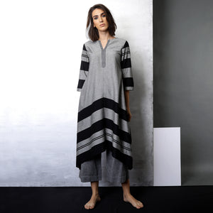 Contemporary Sustainable Fashion from Indian designer wear label O Layla. Sayumi asymmetrical tunic set. Handloom textiles.