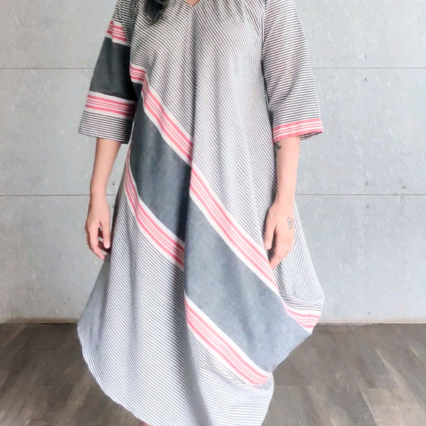 Tashi Cowl Dress - Grey Red White stripes (SOLD OUT)