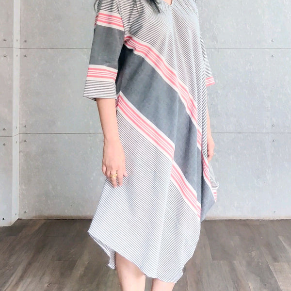 Tashi Cowl Dress - Grey Red White stripes