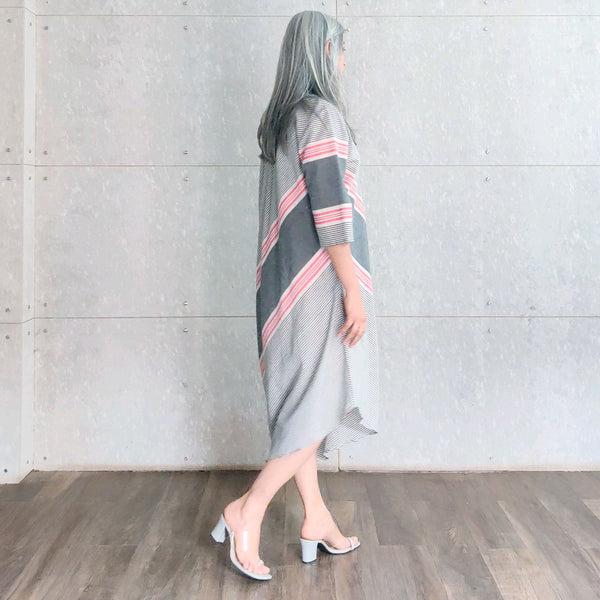 Tashi Cowl Dress - Grey Red White stripes