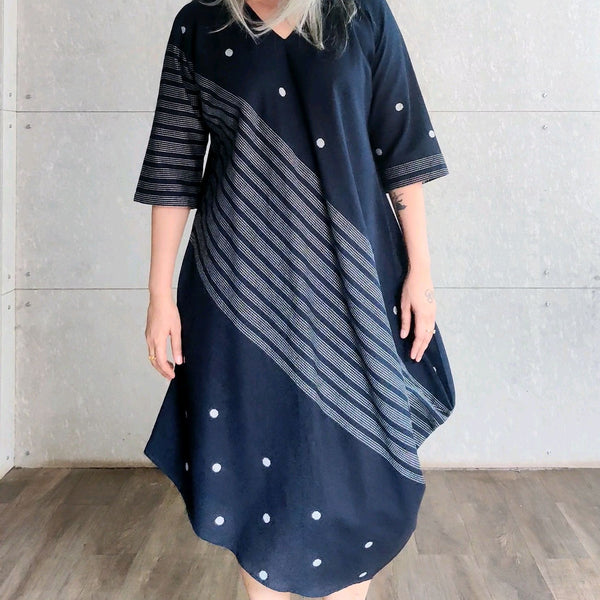 Tashi Cowl Dress - Navy dots & stripes