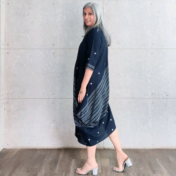 Tashi Cowl Dress - Navy dots & stripes