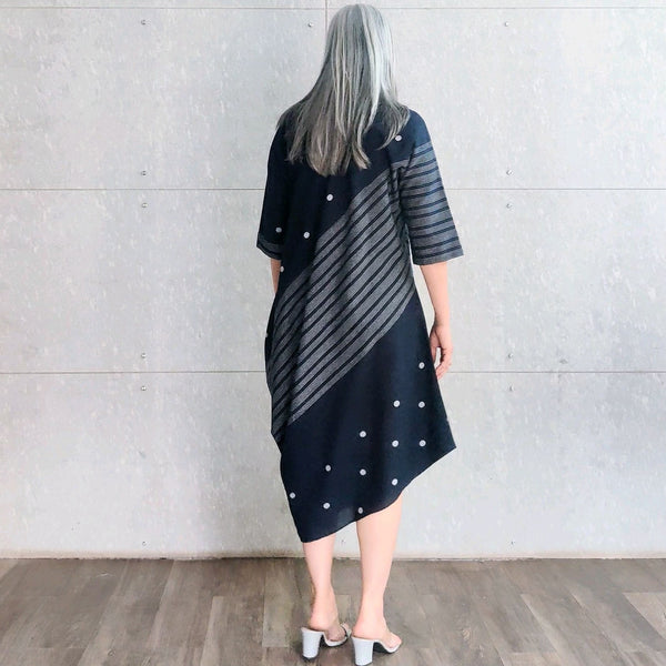 Tashi Cowl Dress - Navy dots & stripes (SOLD OUT)