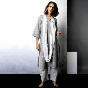 Contemporary Sustainable Fashion from Indian designer wear label O Layla. Tami scarf tunic set with pleated pants. Handloom textiles.