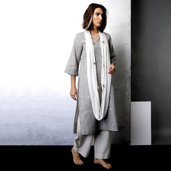 Contemporary Sustainable Fashion from Indian designer wear label O Layla. Tami scarf tunic set with pleated pants. Handloom textiles.