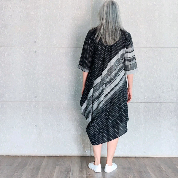 Tashi Cowl Dress - Black Grey stripes