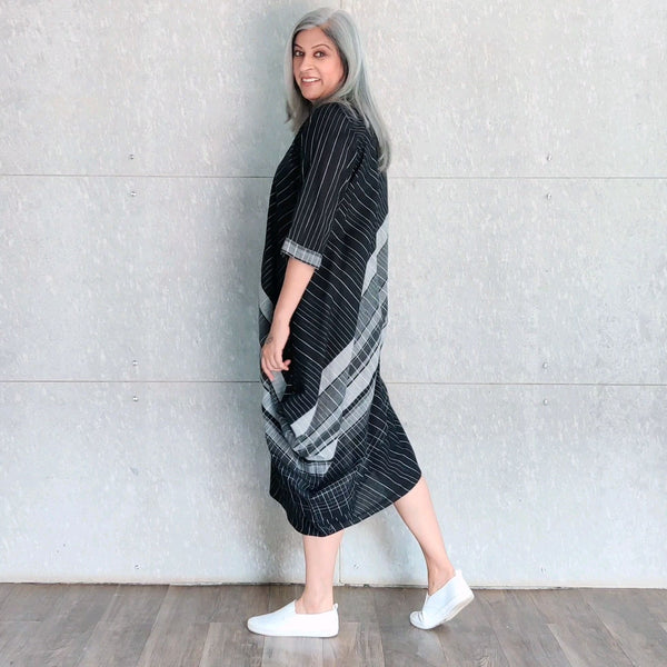Tashi Cowl Dress - Black Grey stripes