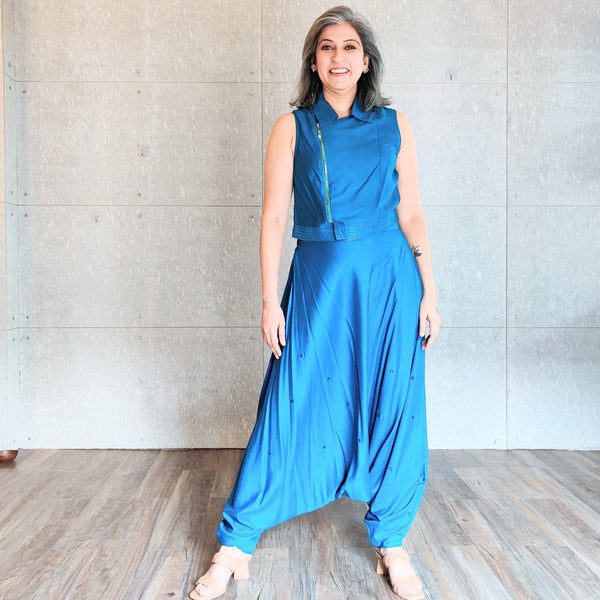 Zippered Crop Top with Dhoti - Blue